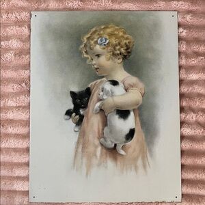 12 in X 16 in. Decorative Tin Picture. VGUC. Little girl and her best friends!